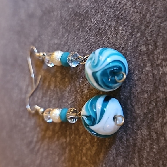 3/$30 HANDMADE Lampwork Marble Beaded Long Dangle Hook Earrings - Picture 3 of 4